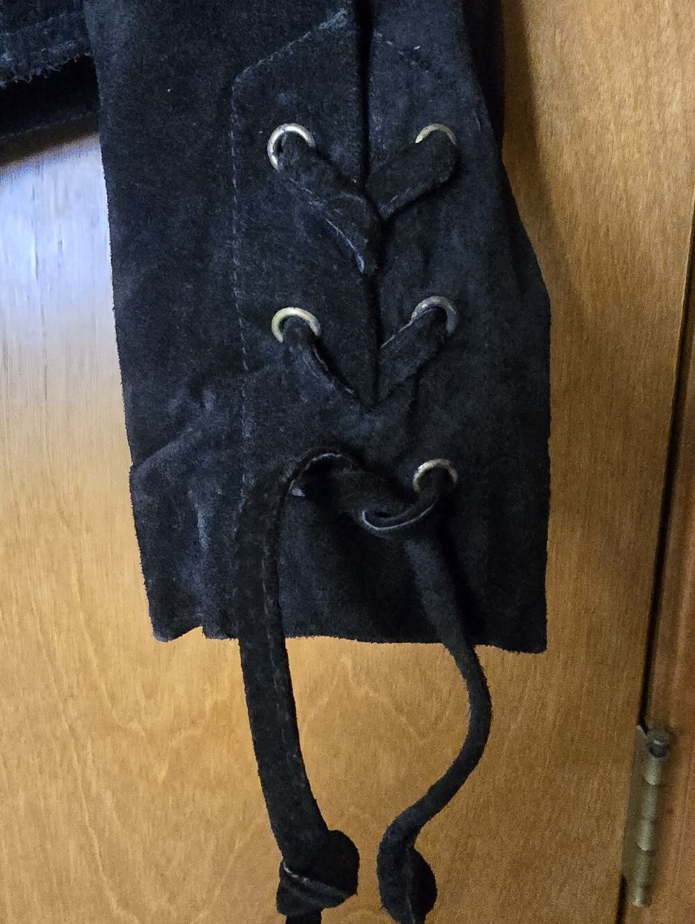 90s Vintage Black Suede Fringe Leather Jacket Western Corset Lace Medium Boho - Picture 9 of 14